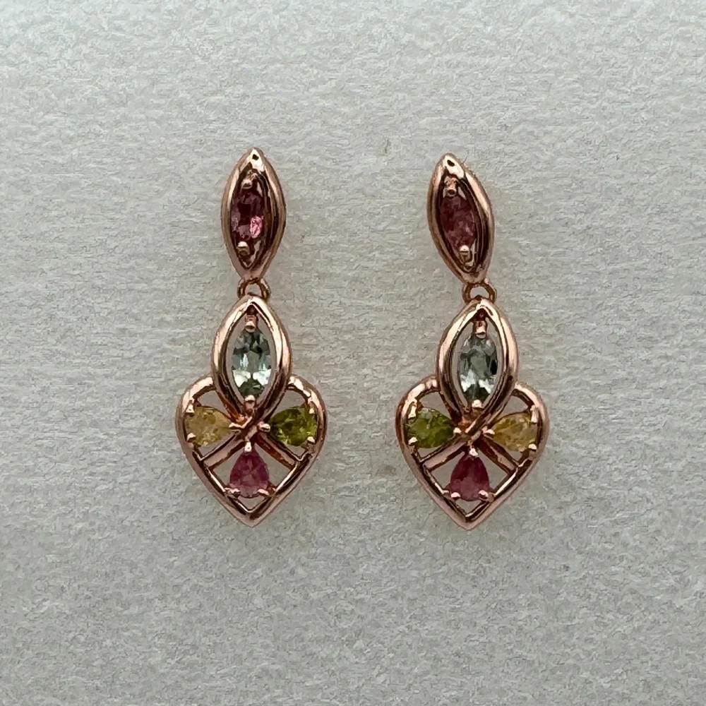 ETR2 2CT Natural Rainbow Tourmaline ART DECO HEART Earrings 18K Rose Gold S925